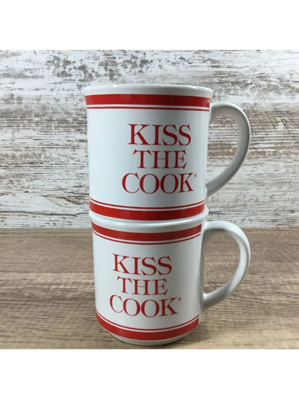 Kiss The Cook Red White Ceramic Coffee Mugs Set Of 2 Farmhouse Kitchen Drinkware